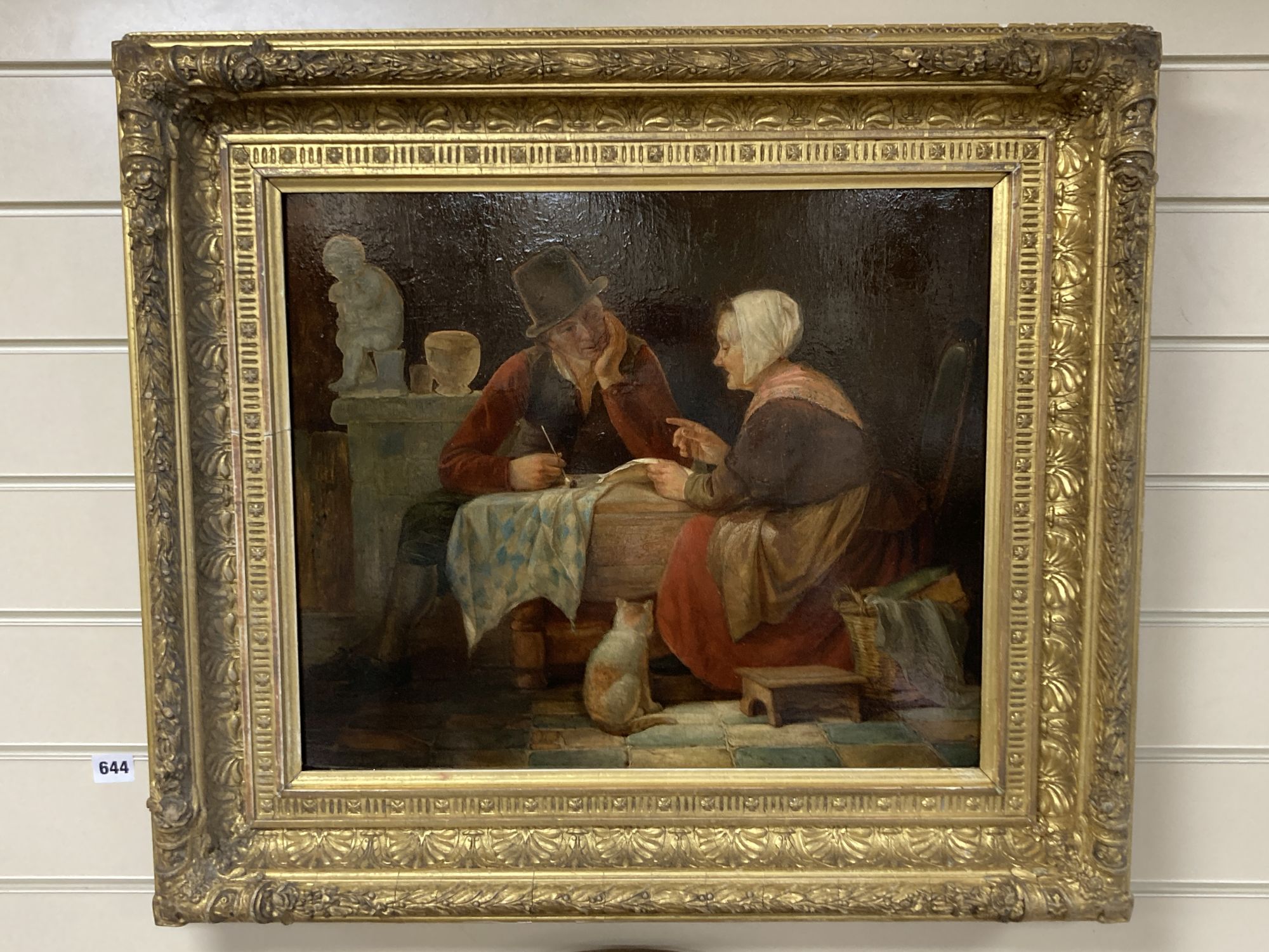 Joseph Dens (1808-1883), oil on wooden panel, Interior with husband, wife and cat, signed, 41 x 48cm